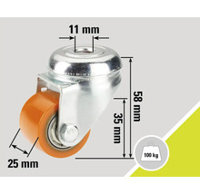 Zwenkwiel met afmetingen 58 mm hoogte, 25 mm wieldiameter en 11 mm boorgatdiameter, draagvermogen 100 kg