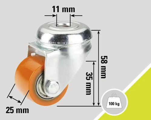 Zwenkwiel met afmetingen 58 mm hoogte, 25 mm wieldiameter en 11 mm boorgatdiameter, draagvermogen 100 kg