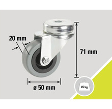 Zwenkwiel met afmetingen 50 mm diameter, 20 mm breedte en 71 mm hoogte, draagvermogen 45 kg