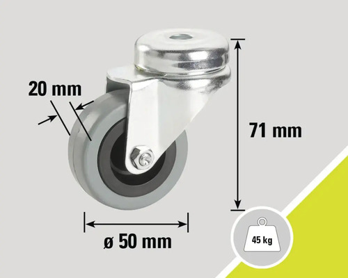 Zwenkwiel met afmetingen 50 mm diameter, 20 mm breedte en 71 mm hoogte, draagvermogen 45 kg