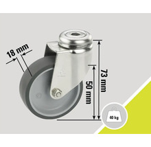 Zwenkwiel met de afmetingen 73 mm hoogte, 50 mm diameter en 18 mm wielbreedte voor een maximale belasting van 40 kg