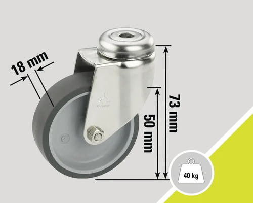 Zwenkwiel met de afmetingen 73 mm hoogte, 50 mm diameter en 18 mm wielbreedte voor een maximale belasting van 40 kg