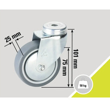 Zwenkwiel met een diameter van 75 millimeter en een draagvermogen van 50 kilogram.