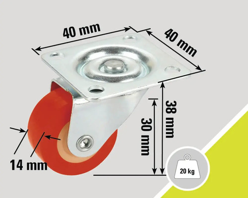 Zwenkwiel met een draagvermogen van 20 kilogram en afmetingen van 40 x 40 x 38 millimeter