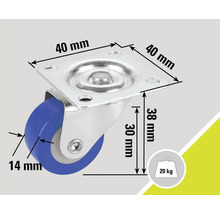 Zwenkwiel met een draagvermogen van 20 kilogram en de afmetingen 40 x 40 x 38 millimeter