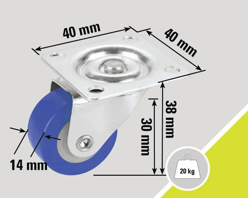 Zwenkwiel met een draagvermogen van 20 kilogram en de afmetingen 40 x 40 x 38 millimeter