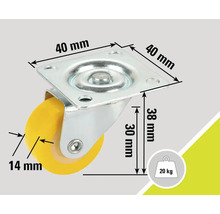 Zwenkwiel met de afmetingen 40 x 40 millimeter, 38 millimeter bouwhoogte, 14 millimeter wieldikte en 20 kilogram draagvermogen