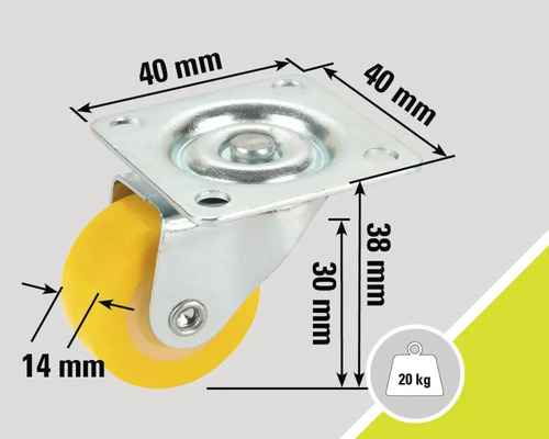 Zwenkwiel met de afmetingen 40 x 40 millimeter, 38 millimeter bouwhoogte, 14 millimeter wieldikte en 20 kilogram draagvermogen