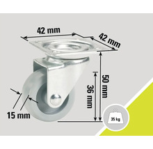 Zwenkwiel met afmetingen 42 mm x 42 mm montageplaat en 50 mm hoogte, draagvermogen 35 kg