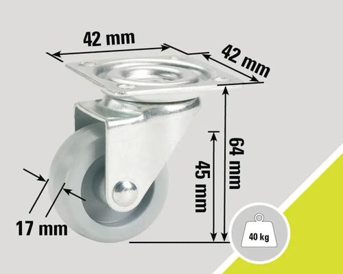 Meubelwiel met een draagvermogen van 40 kilogram en de afmetingen 42 x 42 x 64 millimeter