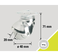 Meubelwiel met een diameter van 40 mm, een draagvermogen van 25 kg en een hoogte van 71 mm.