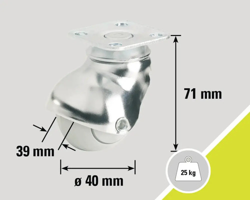 Meubelwiel met een diameter van 40 mm, een draagvermogen van 25 kg en een hoogte van 71 mm.