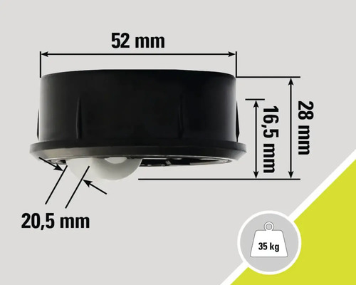 Technische tekening zwenkwiel met de afmetingen 52 mm, 28 mm, 16,5 mm en 20,5 mm en een draagvermogen van 35 kg