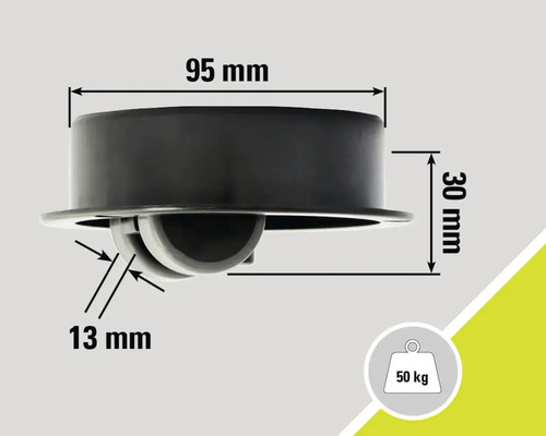 Technische tekening van een meubelroller met afmetingen van 95 mm breed en 30 mm hoog, draagvermogen 50 kg