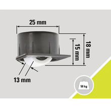 Meubelrol met een draagvermogen van 50 kilogram en de afmetingen 25 mm x 18 mm x 15 mm x 13 mm