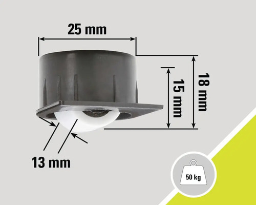 Meubelrol met een draagvermogen van 50 kilogram en de afmetingen 25 mm x 18 mm x 15 mm x 13 mm