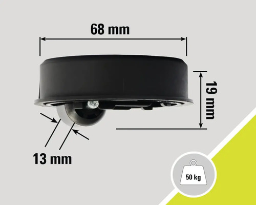 Afbeelding met afmetingen van een transportrol, draagvermogen 50 kilogram