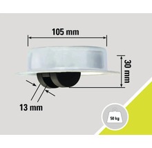 Meubelwiel met afmetingen 105 mm breed en 30 mm hoog, draagvermogen 50 kg