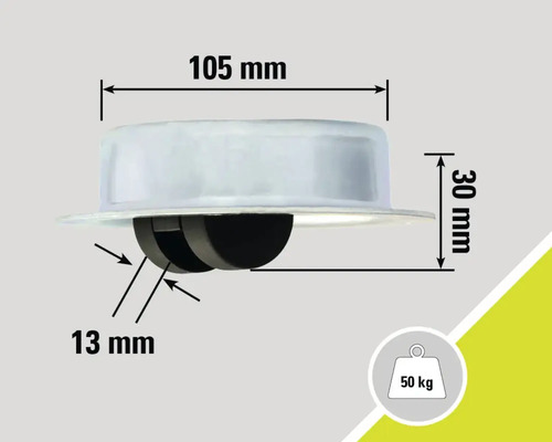 Meubelwiel met afmetingen 105 mm breed en 30 mm hoog, draagvermogen 50 kg