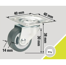 Zwenkwiel met plaat en afmetingen 40 x 40 millimeter, 38 millimeter hoogte en 14 millimeter wieldikte. Het maximale draagvermogen is 20 kilogram.