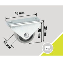 Wiel met plaat en de afmetingen 40 mm, 28 mm en 14 mm. Draagvermogen tot 40 kg.