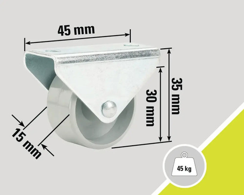 Zwenkwiel met een draagvermogen van 45 kilogram en de afmetingen 45 mm, 35 mm, 30 mm en 15 mm.