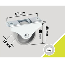 Wiel met een draagvermogen van 50 kilogram en maatvoering