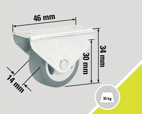 Zwenkwiel met de afmetingen 46 mm, 34 mm en 14 mm en een draagvermogen van 35 kg