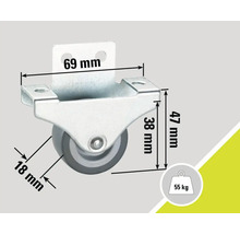 Meubelwiel met behuizing en de afmetingen 69 mm, 47 mm en 18 mm, draagvermogen 55 kg