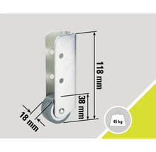 Meubelwiel met de afmetingen 118 mm hoogte, 38 mm diepte en 18 mm wieldiameter, draagvermogen 45 kg