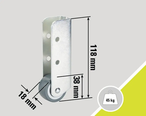 Meubelwiel met de afmetingen 118 mm hoogte, 38 mm diepte en 18 mm wieldiameter, draagvermogen 45 kg