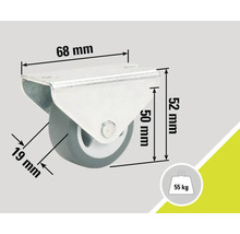 Zwenkwiel met afmetingen 68 mm x 52 mm en een draagvermogen van 55 kg