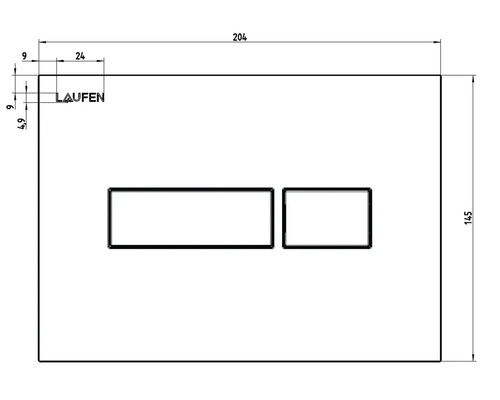 Technische tekening van een bedieningspaneel met de afmetingen 204 x 145 millimeter en het Laufen logo