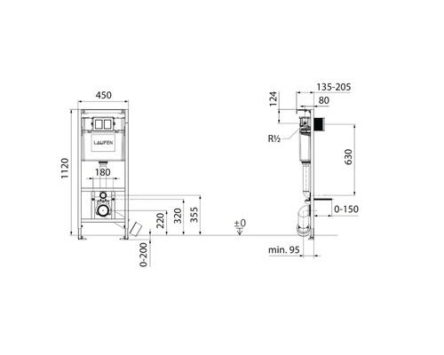 Technische tekening spoelbak met afmetingen