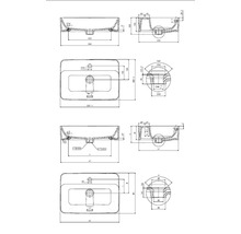 Technische tekening van een wastafel met afmetingen