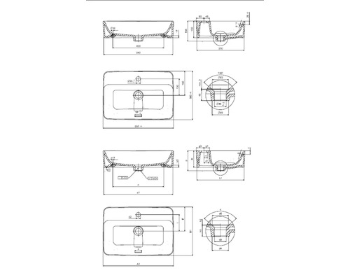 Technische tekening van een wastafel met afmetingen