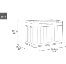 Afbeelding van een opbergbox met de afmetingen 57,7 cm hoog, 82,3 cm breed en 45,7 cm diep.