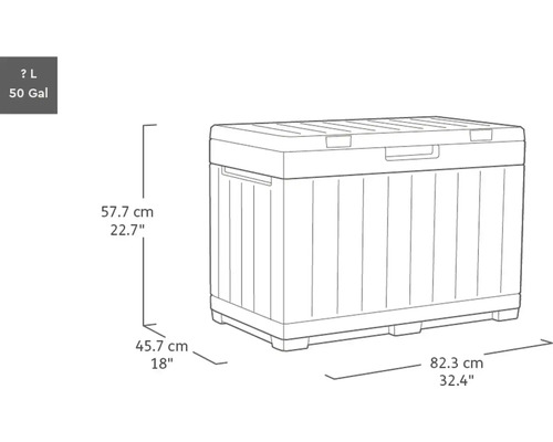Afbeelding van een opbergbox met de afmetingen 57,7 cm hoog, 82,3 cm breed en 45,7 cm diep.