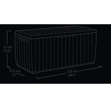 Afbeelding van een tuinkist met de afmetingen 57 cm hoog, 53,5 cm diep en 123 cm breed.