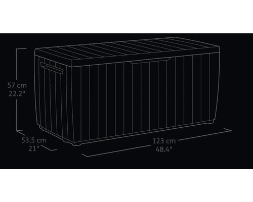 Afbeelding van een tuinkist met de afmetingen 57 cm hoog, 53,5 cm diep en 123 cm breed.