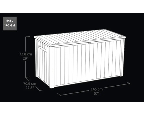 Illustratie van een tuinkist met de afmetingen 73,8 cm hoog, 70,6 cm diep en 145 cm breed.