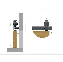 Technische tekening van een schuifdeursysteem met afmetingen