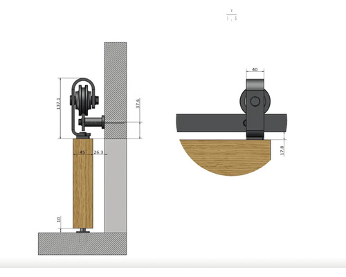 Technische tekening van een schuifdeursysteem met afmetingen