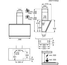 Technische tekening van een afzuigkap met maatvoering