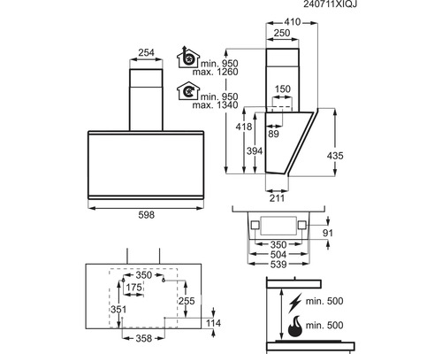 Technische tekening van een afzuigkap met maatvoering