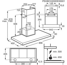 Technische tekening van een afzuigkap met maatvoering