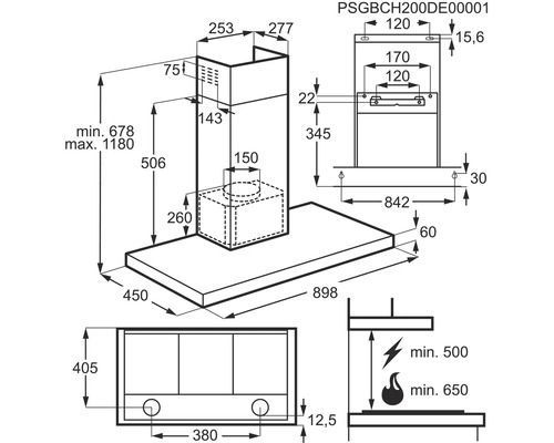 Technische tekening van een afzuigkap met maatvoering