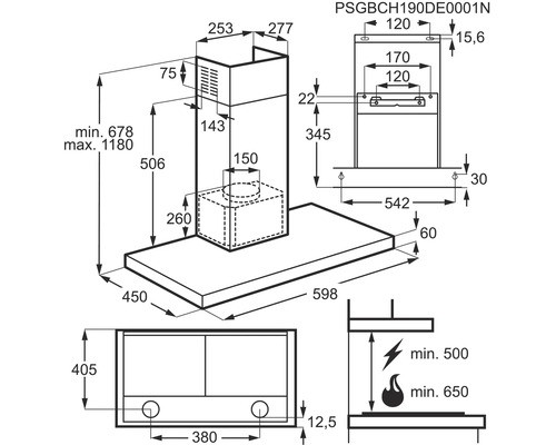Technische tekening van een afzuigkap met afmetingen
