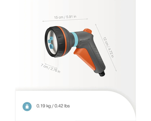 Tuindouche met de afmetingen 15 x 7 x 12 cm en een gewicht van 0,19 kg
