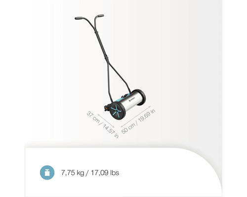 Handgrasmaaier met handvat en afmetingen